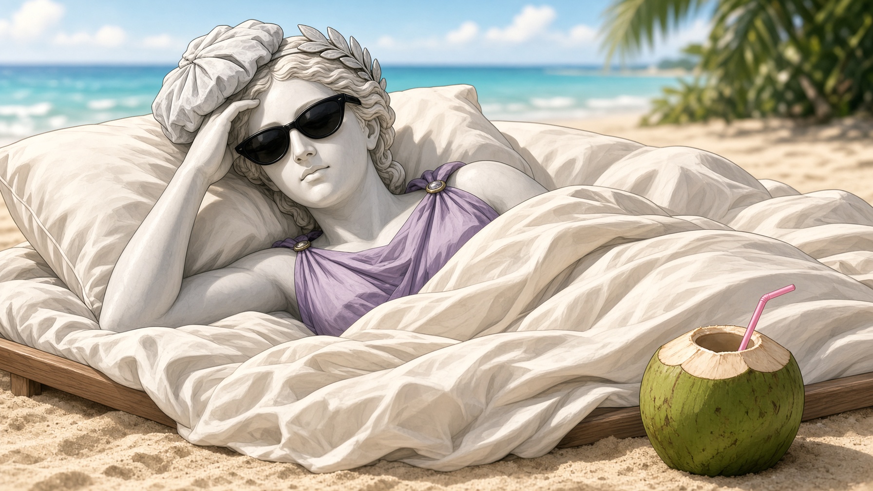 The statue in bed on a beach, sunglasses on, ice pack in place