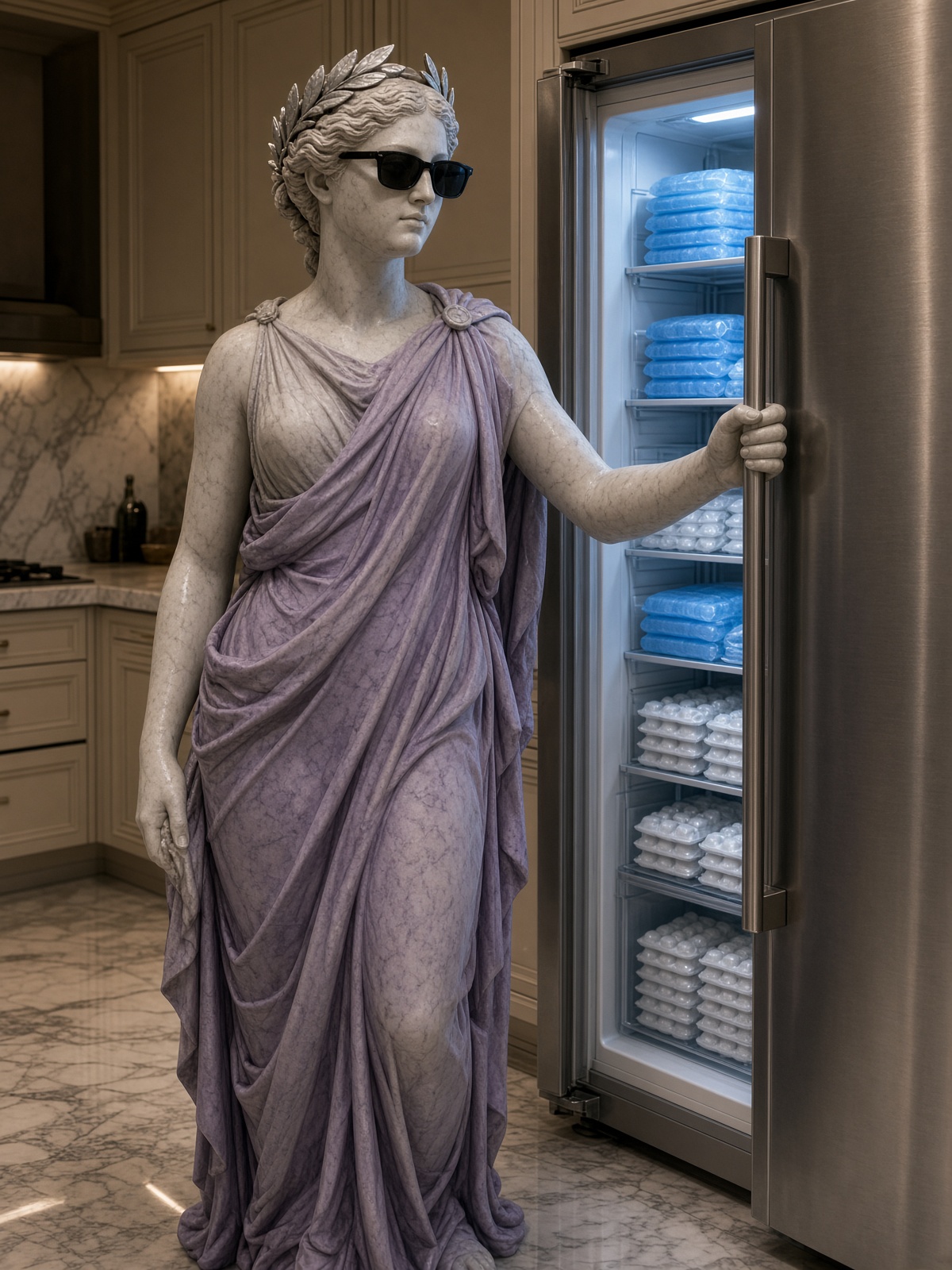 The statue opening a fridge stocked with ice packs